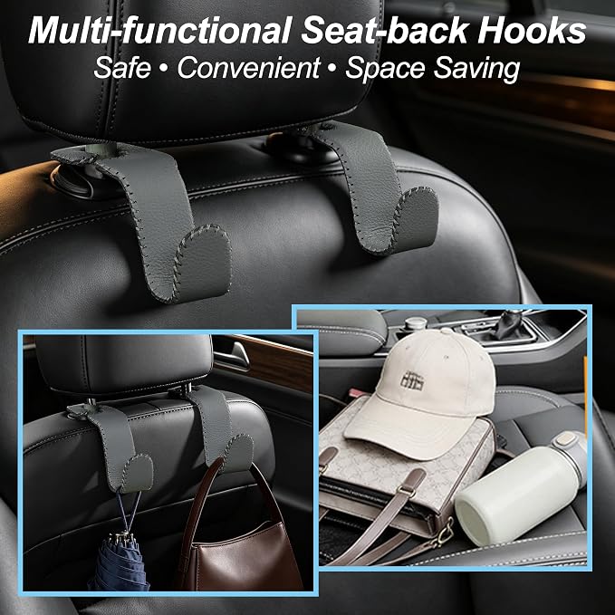 Car Headrest Hooks, Universal Car Seat Back Organizer Hanger, Premium Leather & Metal Construction, Multipurpose for Handbag, Purse, Coat, Ergonomic Design, 4 Pack Gray - Image 3