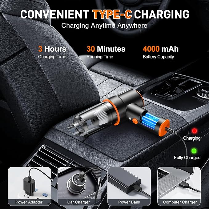 KMM Handheld Car Vacuum Cleaner, 11000PA Hand Held Vacuum & Air Duster | Strong Suction, Cordless, 120W High Power, Portable, Multi-Nozzles & LED Light, for Home, Car, Office - Image 4