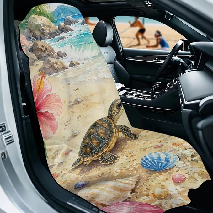 Sea Turtle Print Car Seat Covers for Front Seats Beach Shell Print Towel Car Seat Cover with Storage Bag Universal Fits Most Cars,Truck and SUV - Image 2