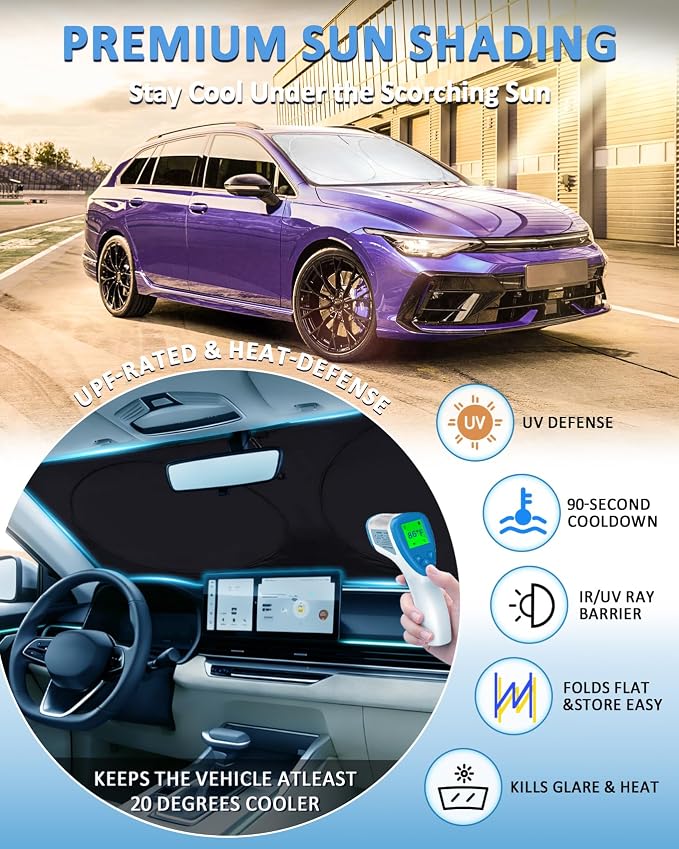 Windshield Sun Shade for Volkswagen VW Golf Mk8 2022 2023 2024 2025 2026 | Front Window Sunshade Accessories Sun Protector Foldable Windshield Shield Cover Blocks Sun UV Rays - Image 2