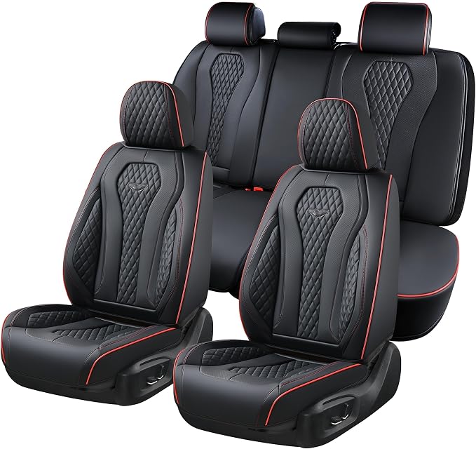 Coverado Car Seat Covers Full Set, Black Seat Covers, Waterproof Car Seat Cover, Car Seat Cushion, Car Seat Covers Front Seats Back Seat Covers, Car Seat Protector Universal Fit Most Cars Red Line by COVERADOAUTO