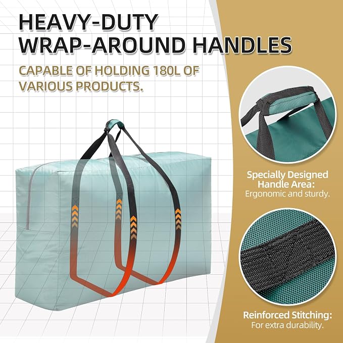 Extra Large travel duffel bag with Strong Handles, 180LWaterproof duffel bag, Durable Zippers, Extra Large Storage Totes for Space Saving and Moving Supplies, Green - Image 3