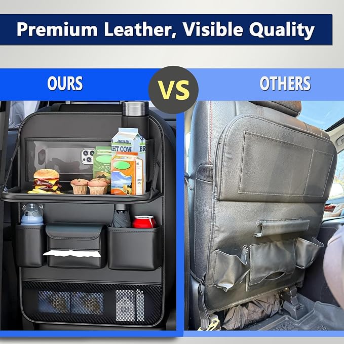 2-Pack Backseat Car Organizers with Tray, Black | Premium Car Seat Back Kick Mats, Backseat Protector Hanging Storage, Foldable Tray, 9 Deep Pockets, 21"x17"; Universal Fit - Image 5
