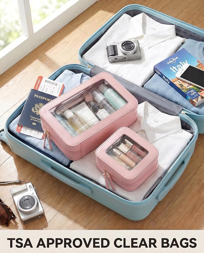 Makeup Bag Set of 2,Travel Toiletry Bag for Women, Small Cosmetic Bags Cute PVC Makeup Pouch for Purse Emergency Bag Car Accessory Bag for Girls (2Pack-Standard&Square, Light Pink) - Image 3