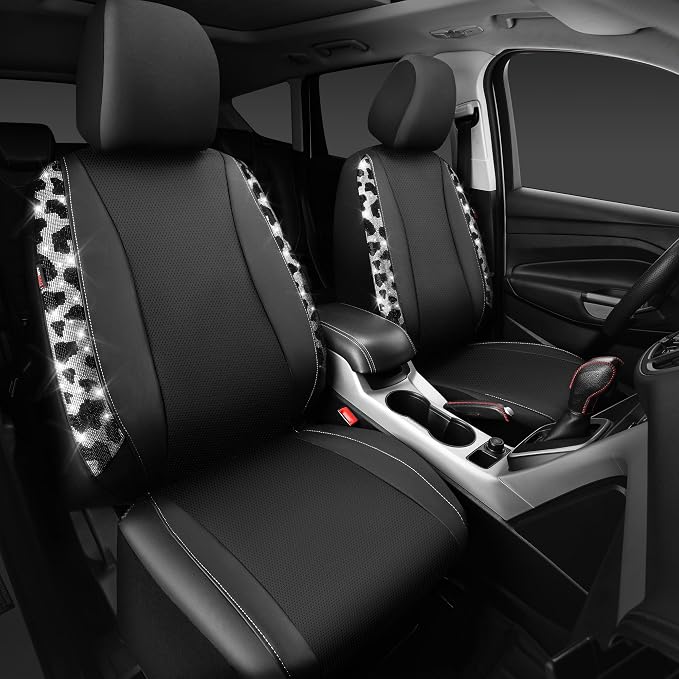 CAR PASS Cow Diamond Leather Bling Car Seat Covers Universal, Faux Shining Rhinestones Two Front only, Fit 95% Automotive Glitter Crystal Sparkle Strips for Cute Women Girl, 2PCS Cow Silver Diamond - Image 2