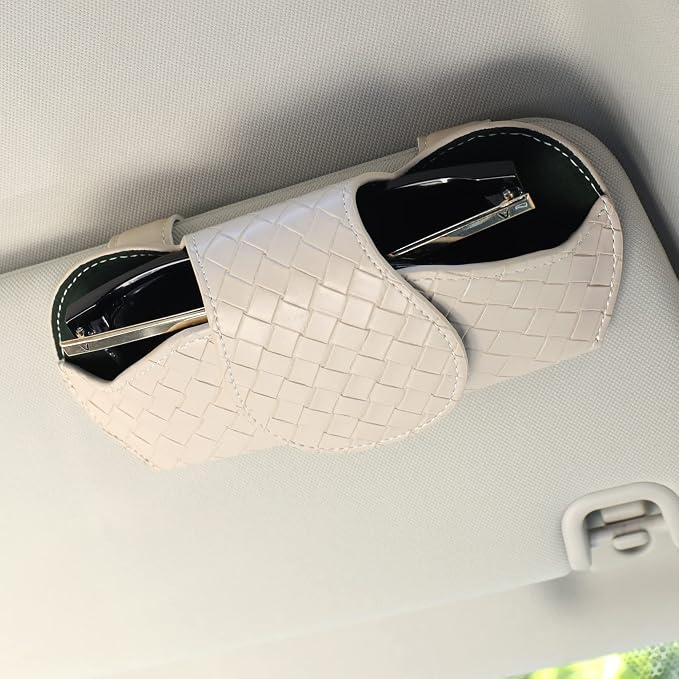 KINIVA Sunglasses Holder for Car Visor Leather Glasses Case with Clips for Car Visor Automotive Interior Visor Accessories Apply to All Car Models (09 Beige) by KINIVAFashionJewelry