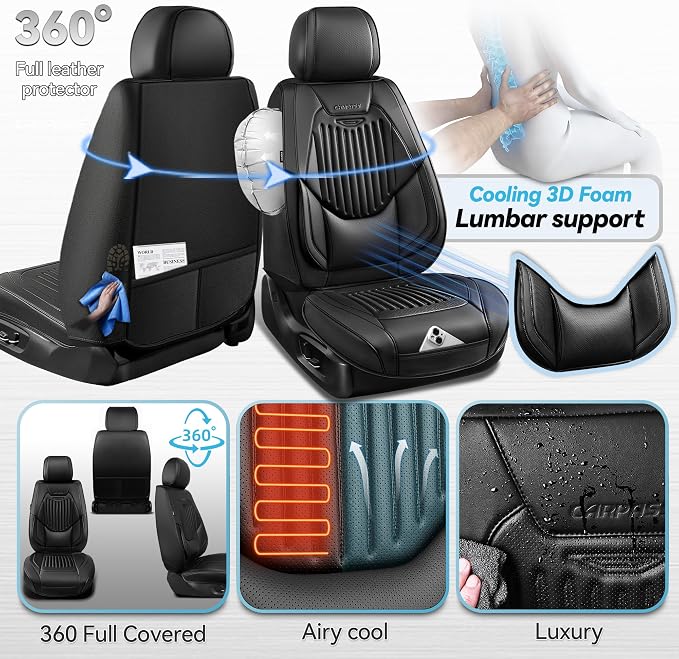 CAR PASS Luxury Nappa Leather Car Seat Covers Two Front, Lumbar Support Seat Covers for Car 2 Seats, Waterproof Car Seat Protector, Automotive Seat Cover Universal Fit for Most Sedans SUV Trucks Black - Image 4