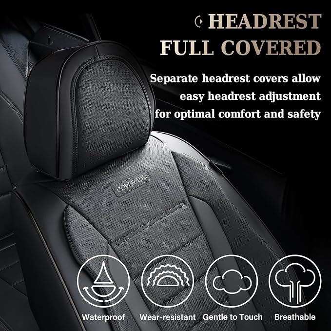 Coverado Car Seat Covers Full Set, Black Car Seat Cover, Seat Covers for Cars, Car Seat Protector, Nappa Leather Car Seat Cushion, Waterproof Car Seat Covers Front Seats and Back Fit for Most Cars - Image 5