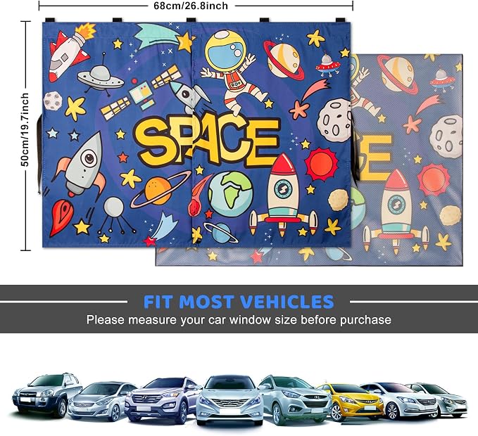 Car Sun Shade Side Window, 2pcs Magnetic Double Layer Car Window Shades for Privacy Full Covers/Half Shade Options Cute Space Pattern Side Window Curtains for Kids - Image 6