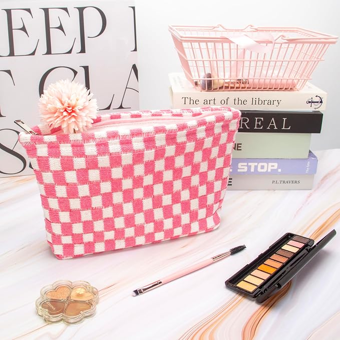 PAZIMIIK Checkered Makeup Bag for Purse, Small Flat Cosmetic Pouch,Pink | Cute Zipper Makeup Organizer for Women, Travel Essentials, Toiletries, Makeup Brushes, Beauty Accessories&Bridesmaid Gifts - Image 3