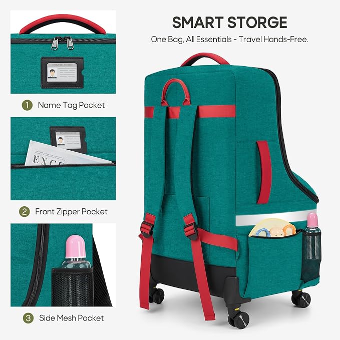 RAINSMORE Padded Car Seat Travel Bag for Airplane with Spinner Wheels | Heavy Duty Carseat Backpack for Air Travel Large Rolling Airport Gate Check Bags Fits Baby Car Seats & Boosters - Image 6