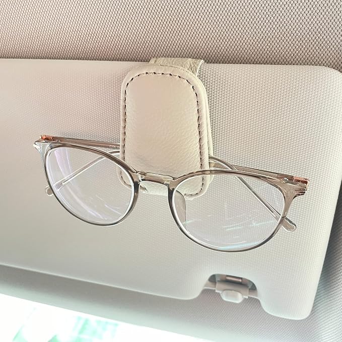 KIWEN Sunglasses Holders for Car Visor, Magnetic Leather Glasses Eyeglass Clip for Car, Ticket Card Clip Sunglasses Mount, Car Visor Accessories Gadgets (1, Beige) - Image 2
