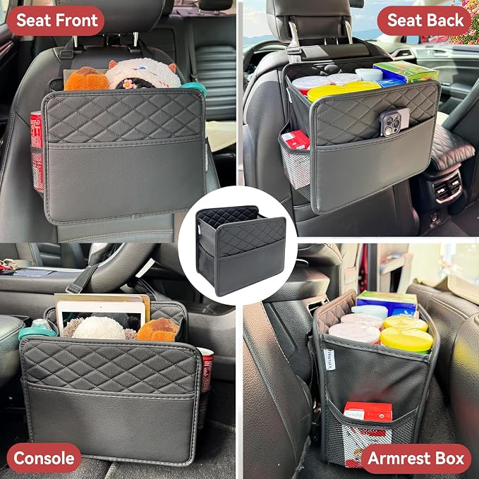 Witaxima Upgraded Extra Large Car Seat Organizer Backseat with 3 Storage Pockets, Multipurpose Car Organizer Hanging Car Trash Bag Can Premium PU Leather Garbage Can 3 Gallon Large Capacity, Black. - Image 6