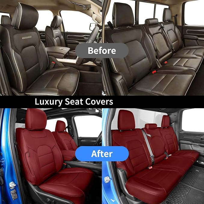 Silverado Seat Covers Full Set for Chevy Silverado 1500 (2019-2026) & 2500HD/3500HD (2020-2026)-DoubleCab Pickup,w/No Rear Cup Holder,Fully Covered,Waterproof Leather Seat Protector(Wine Red) - Image 5