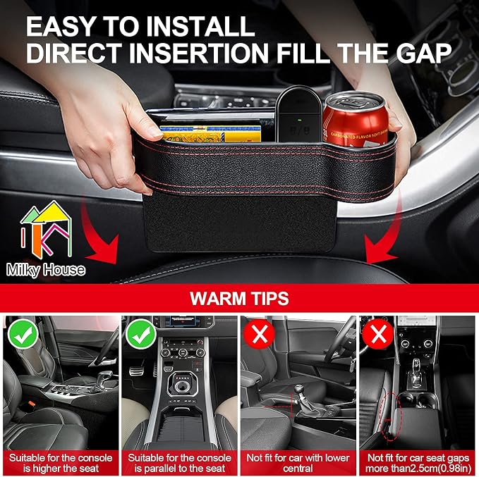2 Set Car Seat Gap Organizer, Car Gap Filler Storage Boxes, PU Leather Front Seat Console Side Pocket Bags with Cup Holder 4 Hooks, Automotive Storage Box for Phone, Drinks, Cards, Sunglasses, Black - Image 4
