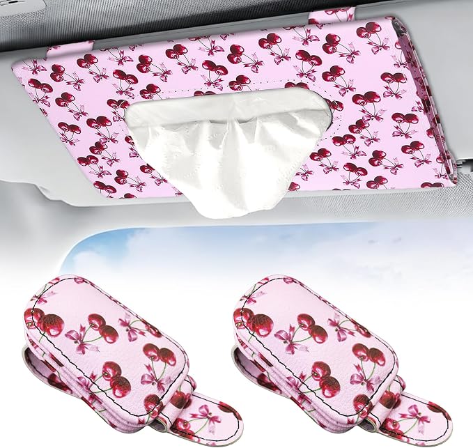 2 Pcs Sunglass Holder and 1Pcs Car Tissue Holder for Car,Magnetic Leather Sunglasses Holder Car Sun Visor Glasses Hanger Clip,Car Interior Accessories for Women(Pink Cherry) by JINGSEN