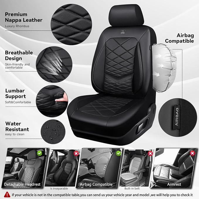 CAR PASS Luxury Nappa Leather Front Seat Covers, Waterproof 3D Foam Seat Covers with Lumbar Support, Breathable Auto Seat Cover Airbag Compatible Universal Fit for Sedan SUV Van Truck, All Black - Image 4