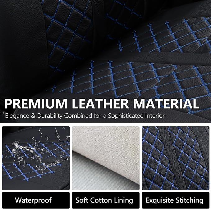 Truckiipa Seat Covers for Tacoma Full Set Leather Truck Seat Covers Waterproof Car Seat Cover Cushion Custom Fit for 2005-2015 Toyota Tacoma Double Crew Cab, Full Set, Black&Blue - Image 5