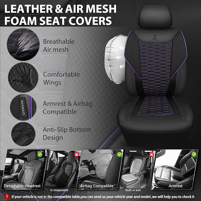 CAR PASS 3D Foam Mesh Leather Car Seat Covers Front Seats,Breathable Mesh Front Seat Covers for Women,Universal Fit for Cars SUV Truck Sedan Van Automotive,Armrest Airbag Compatible,Black and Purple - Image 3