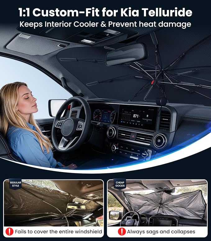 Zanch Windshield Sunshade Umbrella Custom Fit for Kia Telluride 2020-2025. | Custom Fit for Kia Telluride 2020-2025 | Blocks UV Rays & Keeps Car Cool | Precision 1:1 Scan | No Gaps & No Scratches - Image 2