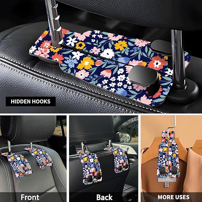 Car Seat Headrest Hook, Universal Leather Cute Hanger Holder Hook, Storage Organizer Interior Accessories for Purse Bags Handbag Cute Purple Flowers - Image 3