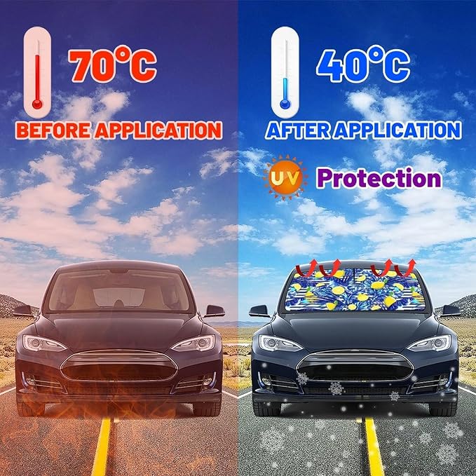 CHILL·TEK Funny Car Windshield Sun Shade Umbrella, Yellow Lemon Car Sun Shade Umbrella, Block UV Rays Heat Foldable Windshield Umbrella Sun Visor Protector - Keep Vehicle Cool for Cars SUV - Image 3