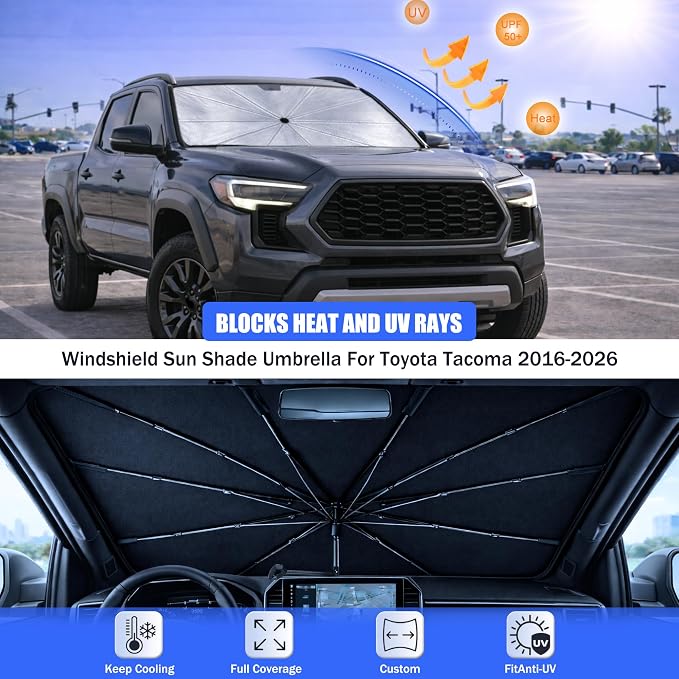 Car Windshield Sun Shade Umbrella for Toyota Tacoma 2016-2026 | 2026 Upgraded,Custom-Fit Umbrella Sunshade,Easy Install,UV Protection & Heat Reflective,Keep Interior Cooler with Storage Bag - Image 3
