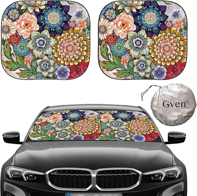 Gven Windshield Sun Shade for Car 2-Piece Foldable Sunshade for Front Windows, Blocks UV Rays, Automotive Interior Sun Protection Car Summer Accessories（Floral,S） by Gven