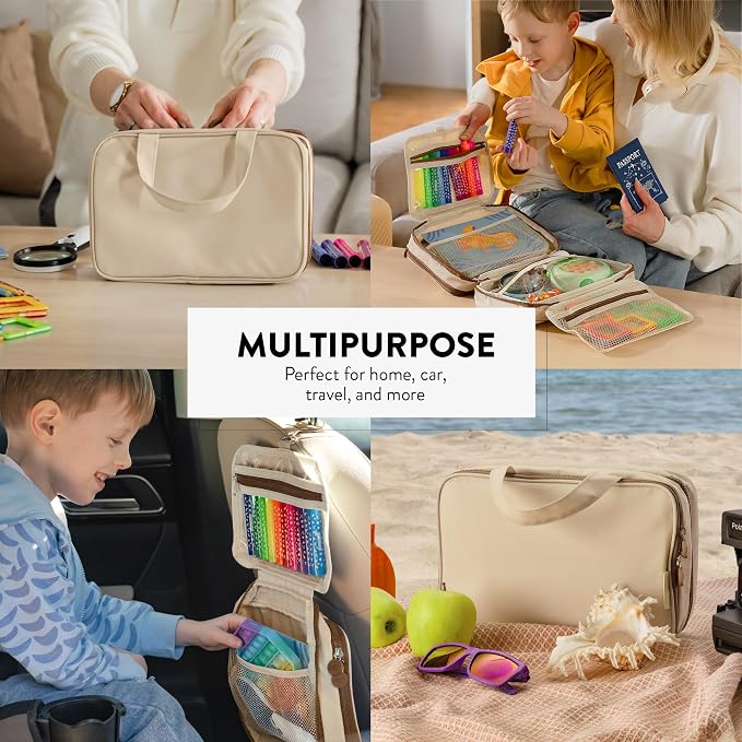 Kids Travel Organizer – Multi-Compartment, Water-Resistant Hanging Bag for Toys, Snacks, & Activities - Compact, Lightweight Design with Hook & Carry Handle - Perfect for Travel Use (Beige, Small) - Image 8