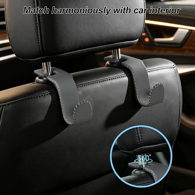 Car Headrest Hooks, Universal Car Seat Back Organizer Hanger, Premium Leather & Metal Construction, Multipurpose for Handbag, Purse, Coat, Ergonomic Design, 4 Pack Gray - Image 2