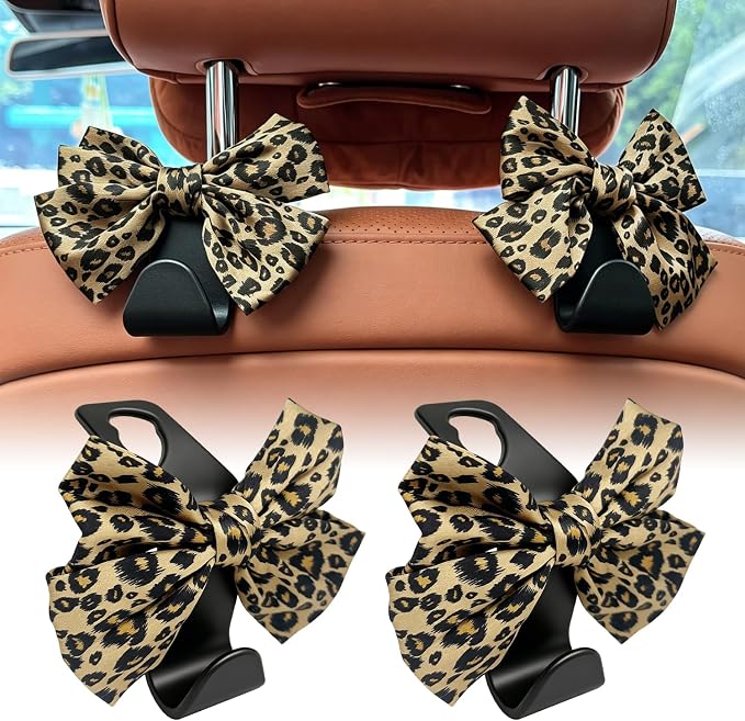 Bow Car Hooks for Purses and Bags, 2 Pack Cute Car Purse Hook, Universal Car Seat Headrest Hooks Bag Holder, Bow Car Accessories, Automotive Purse Hook Hanger Interior Decoration Accessories (Leopard) by Unknown