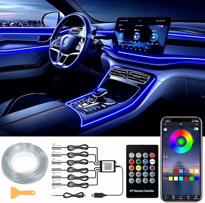 DEHERANE Interior Car LED Strip Lights, APP& RF Remote Control | 6 in 1 Car Ambient Lighting Kit with 315 inches Integrated Fiber Optic, 16 Million Colors Car LED Lights, Sync to Music by DEHERANE