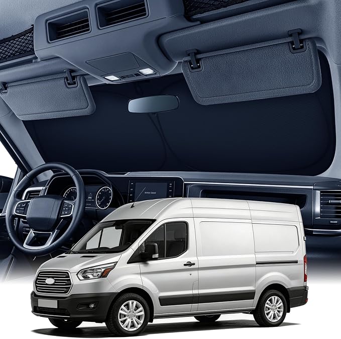 Zanch Large Custom Windshield Sun Shade for Ford Transit 2015-2026, 7-Layer UV & Heat Block, 3D Scanned Custom Fit, Interior Protection, Helps Keep Cabin Cooler, Foldable Van Accessories by Zanch