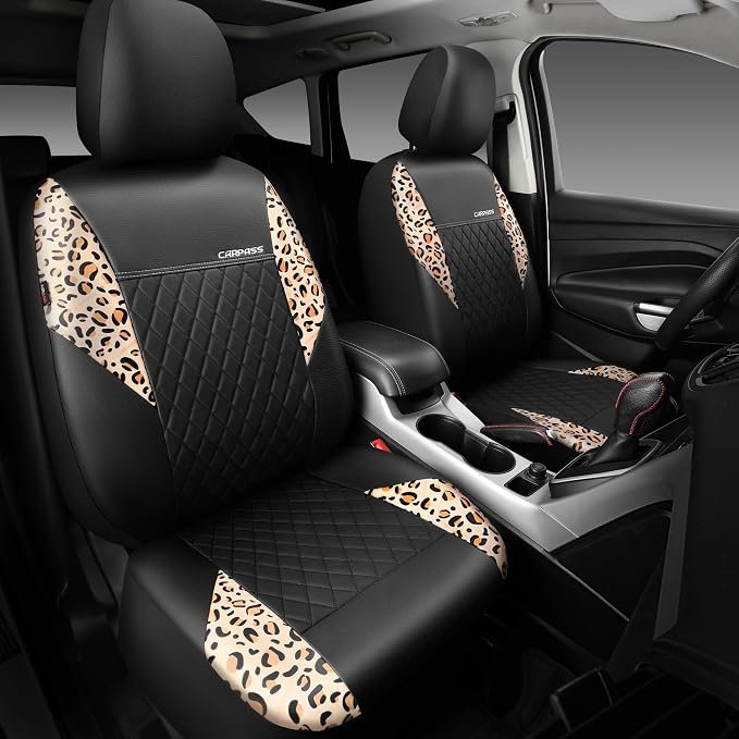 CAR PASS Leather Leopard Two Front Seat Cover Only, Universal Quilting Waterproof Deluxe PU Premium Vinyl Luxury Car Seat Cover Airbag Compatible for Most Sedan,SUV,Truck(Two Front, Brown Leopard) - Image 3
