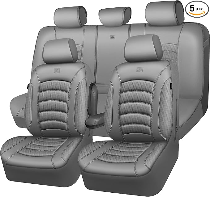 CAR PASS 3D Foam PU Leather Car Seat Covers, Universal Seat Covers Full Sets for Trucks SUV Sedan Automotive Seat Covers Armrest Airbag Compatible Waterproof Comfortable Faux Nappa Leather All Gray by CARPASS