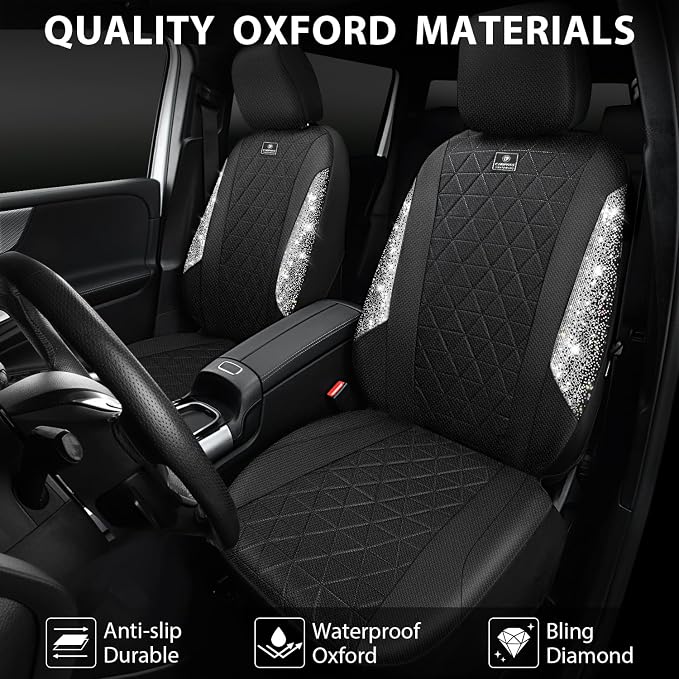 CAR PASS Oxford Bling Diamond Car Seat Covers Full Set Interior Sets, Waterproof Shining Glitter Sparkly Crystal Universal Armrest Fit 95% Automotive Truck SUV Cute Women Girl, Black Silver Rhinestone - Image 8