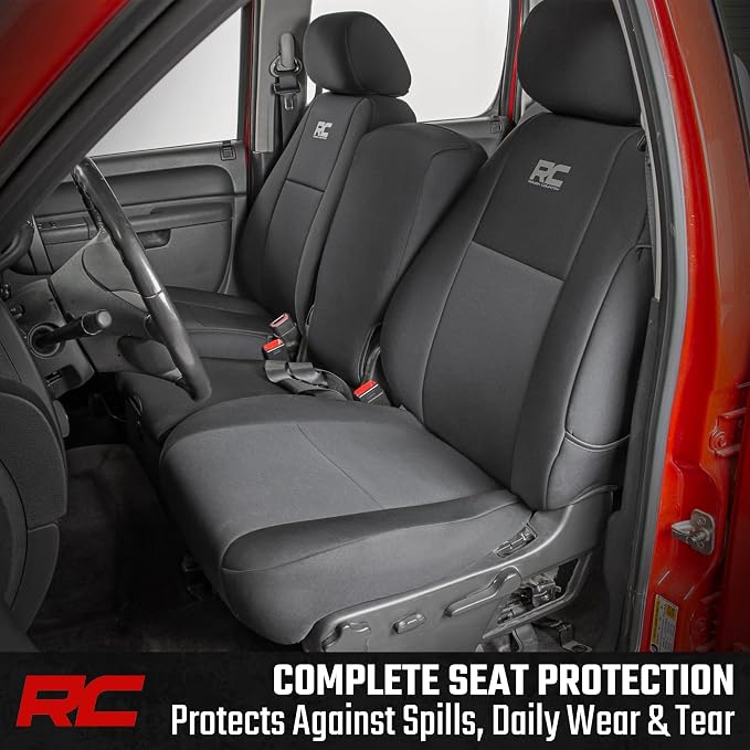 Rough Country Neoprene Seat Covers for Chevy Silverado & GMC Sierra 1500/2500HD (2007-2013) - Waterproof, UV Resistant, Foam-Padded Front & Rear Set w/Rear Armrest - Image 2