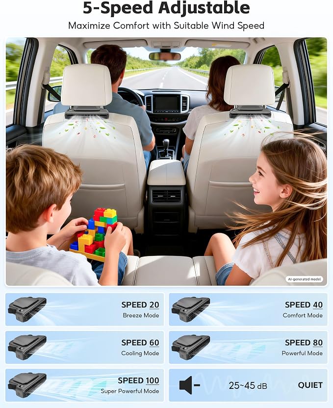 Rechargeable Car Seatback Fan with Aromatherapy, 5-Speed LED Display | Detachable portable design with hidden stand, safe cooling for kids, fits headrest posts spaced 4.7–7.4 inch - Image 6