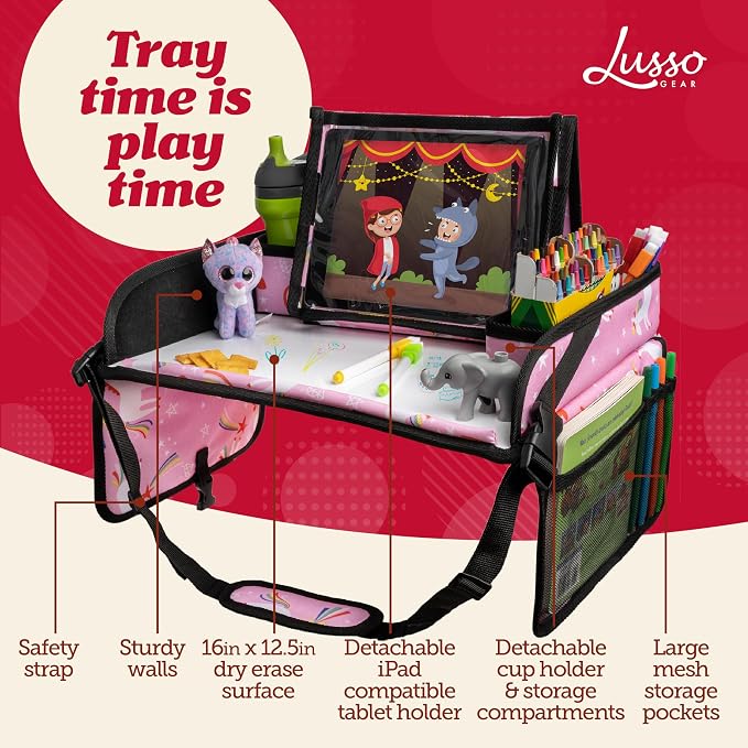 Lusso Gear Travel Car Seat Tray - Dry Erase Board & Secure Tablet Holder for Toddler Travel - Durable 600D Oxford Cloth with Snack & Toy Compartments for Road Trip Essentials for Kids - Pink Unicorn - Image 2