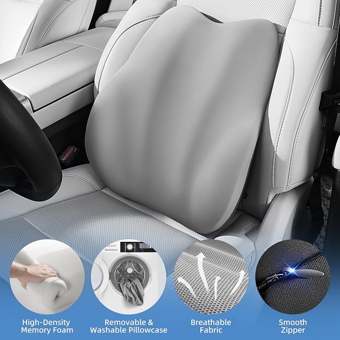 BEBAS Ergonomic Lumbar Support Pillow for Car, Memory Foam Car Back Cushion | Comfort Lumbar Pillow for Back Pain Relief, Breathable Washable Cover, Fits for Driving, Office, Wheelchair, Gray - Image 3