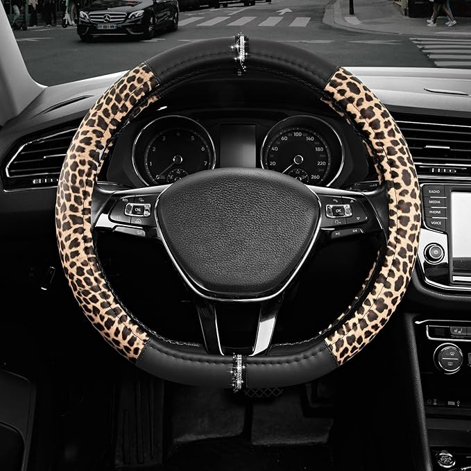 Road Comforts Leopard Steering Wheel Cover for Women, Cute Anti-Slip Microfiber Leather, Fits D Shape Flat Bottom Steering Wheel 14.5-15 Inch - Black by RoadComforts