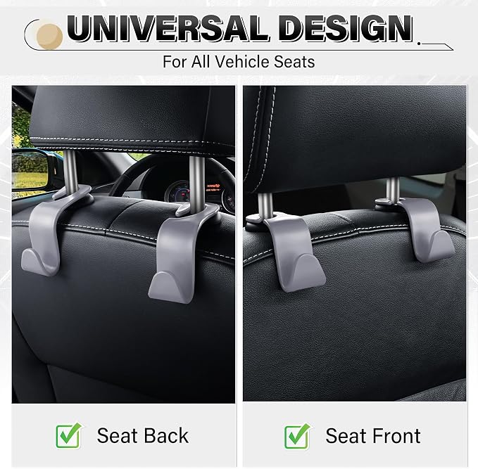 SINGARO 4 Pack Car Seat Headrest Hooks, Vehicle Back Seat Hanger Storage Organizer for Purse Handbag Backpack Coat Grocery, 360° Rotating Heavy Duty Holds 44lbs, Gray - Image 4