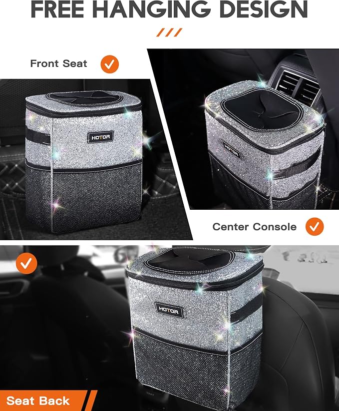 HOTOR Car Trash Can, Compact Waterproof Organizer, Leak-Proof Bin, 2-Gallon | Sparkle White, Multifunctional Car Accessory with Adjustable Straps & Magnetic Snaps for Interior Car Storage - Image 7