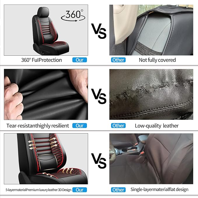 Fit Altima Car Seat Covers for Nissan Altima 2010-2024 2025 2026 - Upgraded Premium Waterproof & Breathable Leather, Airbag Compatible,All-Weather Seat Cushion Protector (2 Front/Black+Red) - Image 7