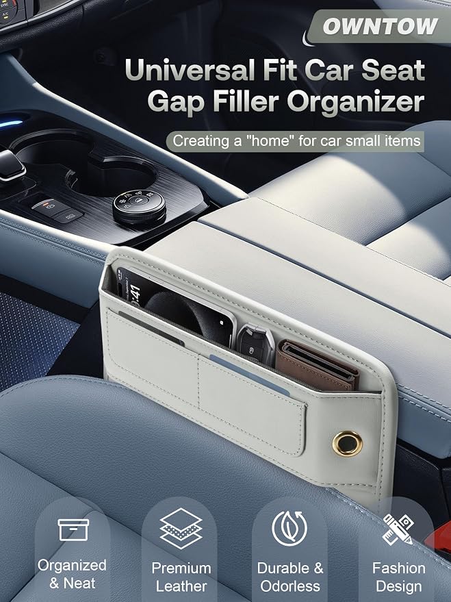 Universal Fit Premium Leather Car Seat Gap Filler Organizer, Center Console Organizer with Card Slots, Clever Gifts for Car SUV Truck Owners (Beige, 2 Pack) - Image 2