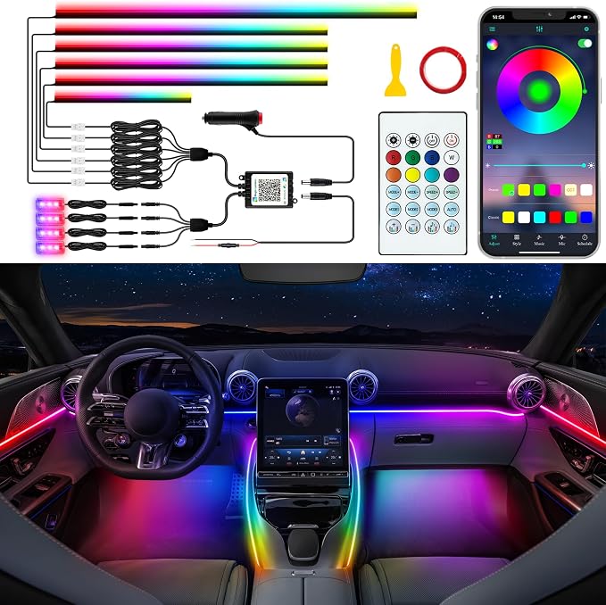 Jushope Interior Car LED Strip Lights with Dream Color, Ambient Lighting | Wireless APP and RF Remote Control Dynamic Chasing Music Sync LED Lights for Car Decoration, Car Charger or Hardwire DC 12V by Jushope