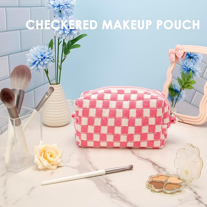 Checkered Makeup Bag for Purse, Small Travel Cosmetic Pouch,Pink,2 Pack | Cute Zipper Makeup Organizer for Women, Travel Essentials, Toiletries, Makeup Brushes, Beauty Accessories&Bridesmaid Gifts - Image 7