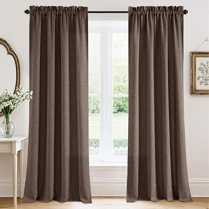 RYB HOME Linen Semi Sheer Curtains 90 inches Long for Living Room | Light Filtering, Half Privacy, Indoor Curtains & Drapes for Bedroom, Brown, W52 x L90, 2 Panels by RYBHOME