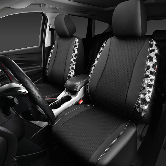 CAR PASS Cow Diamond Leather Bling Car Seat Covers Universal, Faux Shining Rhinestones Two Front only, Fit 95% Automotive Glitter Crystal Sparkle Strips for Cute Women Girl, 2PCS Cow Silver Diamond - Image 7