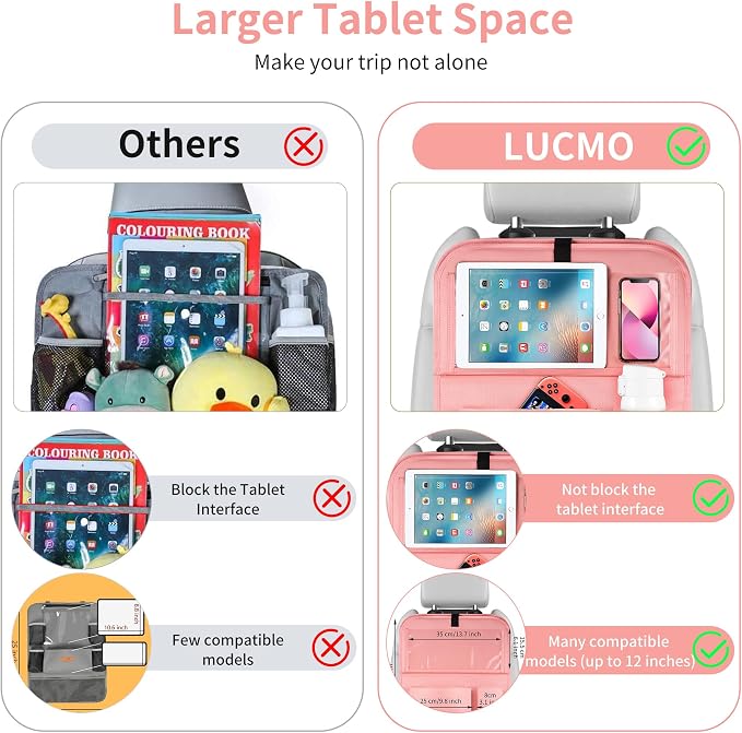 LUCMO Car Backseat Organizer with Foldable Tablet Holder, Pink | 2 Pcs,6 Storage Pockets,Foldable Food Tray,Protectors Kick Mats,Travel Accessories,Seat Cover,Road Trip Essentials - Image 5